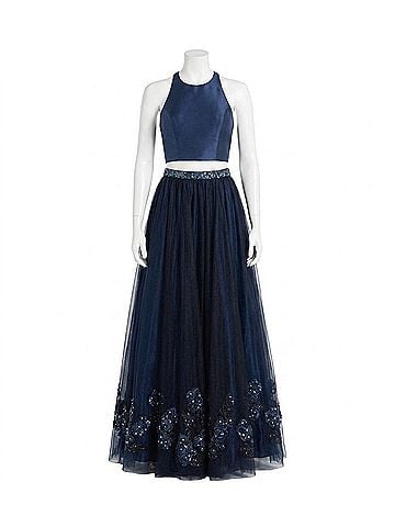 Rachel Allan Two-Piece Halter Neck Embroidered Tulle Gown in Navy (view 1)