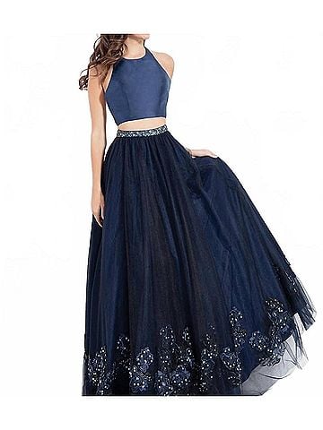 Rachel Allan Two-Piece Halter Neck Embroidered Tulle Gown in Navy (view 2)