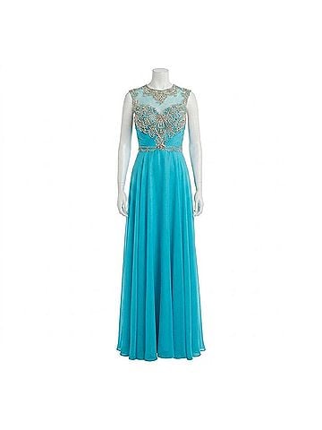 Rachel Allan Beaded High Mesh Neckline Chiffon Gown in Aqua Marine (view 1)