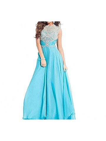 Rachel Allan Beaded High Mesh Neckline Chiffon Gown in Aqua Marine (view 2)