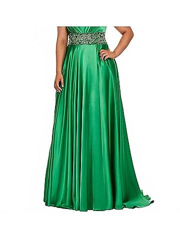 Rachel Allan Stretch Satin Empire Waist Prom Gown in Emerald (view 2)