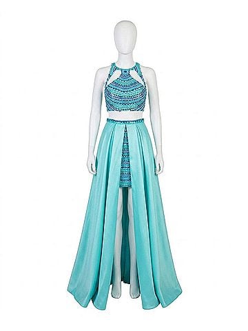 Rachel Allan Fully Beaded Two-Piece Prom Dress With Overskirt in Aqua Mint (view 1)