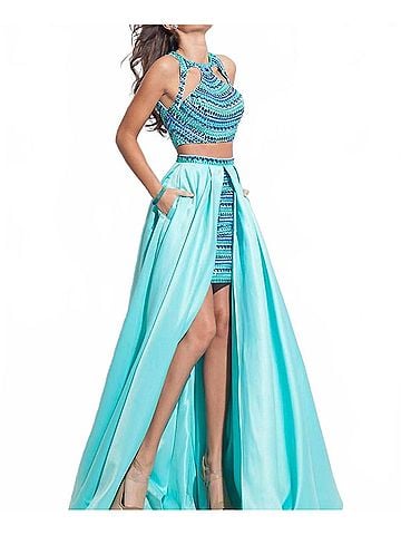 Rachel Allan Fully Beaded Two-Piece Prom Dress With Overskirt in Aqua Mint (view 2)
