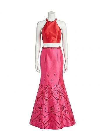 Rachel Allan Two-Piece Mikado Mermaid Prom Gown in Red/Fuchsia (view 1)