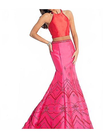 Rachel Allan Two-Piece Mikado Mermaid Prom Gown in Red/Fuchsia (view 2)