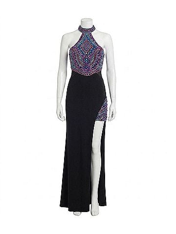 Rachel Allan Beaded Jersey Halter Neck Prom Gown in Black (view 1)