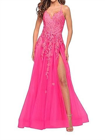La Femme Elegant Prom Dress in Neon Pink (view 2)