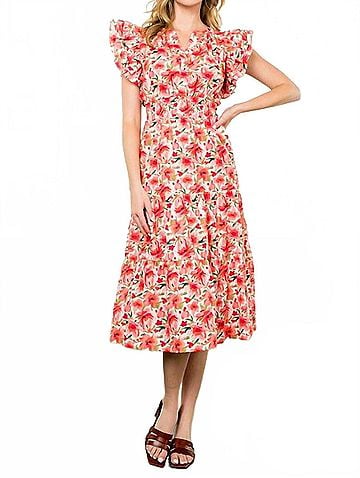THML Ruffles And Floral Midi Dress in Pink (view 2)