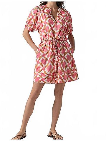 Lilla P Printed Voile Shirred Elbow Sleeve Dress in Punch Ikat Print (view 2)