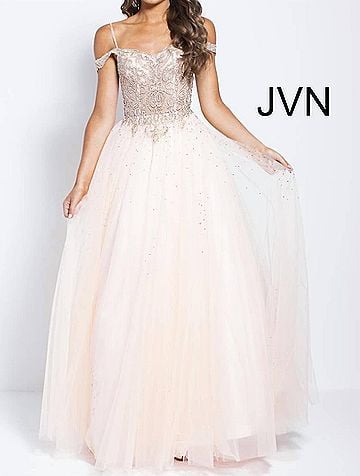 Jovani Embellished Off The Shoulder Prom Ballgown in Blush (view 2)