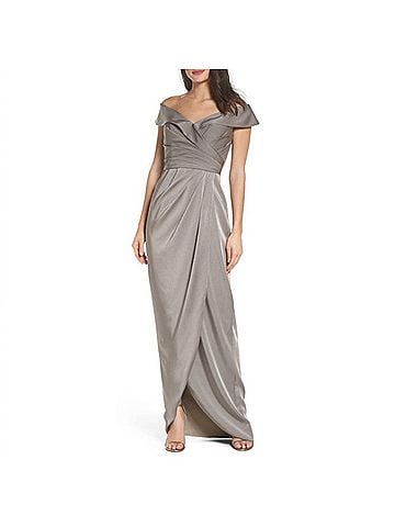 La Femme Women's Surplice Off The Shoulder Gown in Pewter (view 2)
