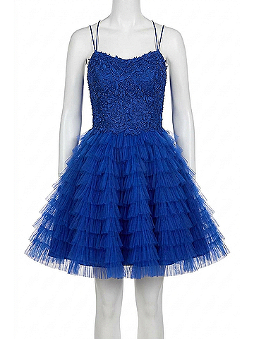 Sherri Hill Short Ruffle Leaf Lace Dress in Royal (view 1)