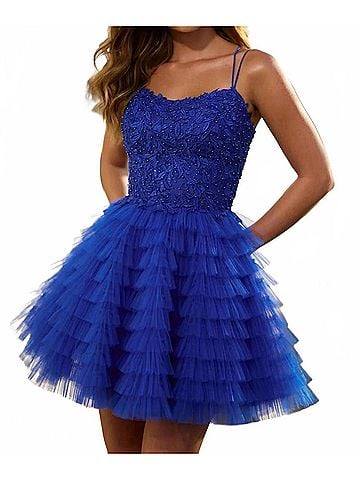 Sherri Hill Short Ruffle Leaf Lace Dress in Royal (view 2)