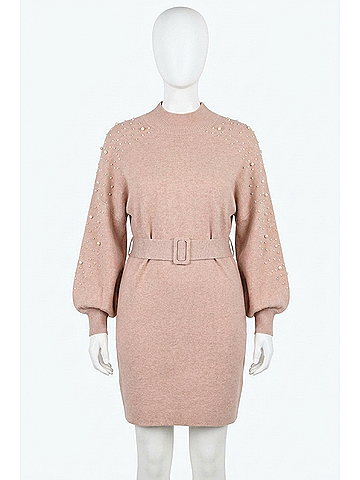 Fate Pearl Embellished Belted Sweater Dress - Plus in Mocha (view 1)