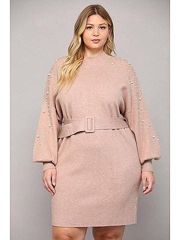 Fate Pearl Embellished Belted Sweater Dress - Plus in Mocha (view 2)