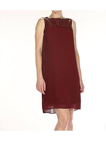 Joseph Ribkoff Pleated Faux Leather Trapeze Dress in Merlot (view 2)