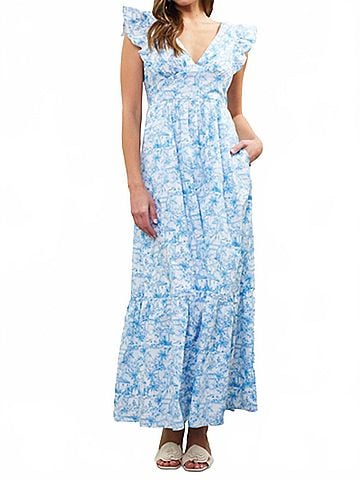 Skies Are Blue French Print Maxi Dress in Light Blue (view 2)