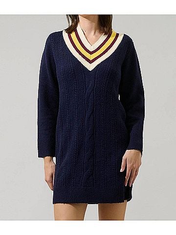 Sugarlips Corunna V-Neck Mini Sweater Dress in Navy (view 2)