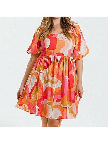 Oddi Floral Abstract Print Mini Dress in Pink Multi (view 2)