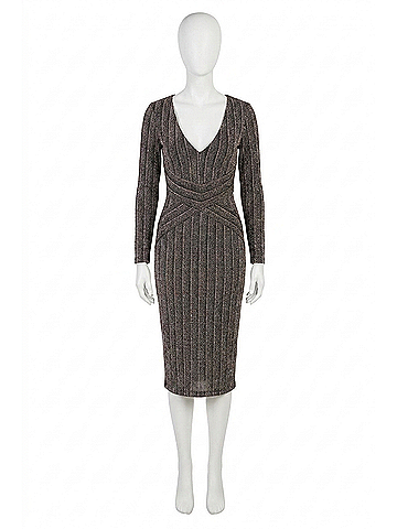 Joseph Ribkoff Long Sleeve V-Neck Midi Dress in Black/Gold (view 1)