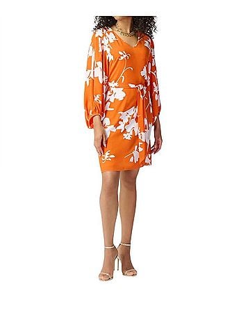 Joseph Ribkoff Floral V Neck Dress in Mandarin/Vanilla (view 2)