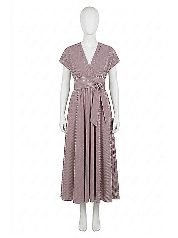 Faithfull the Brand Lova Belted V-Neck Midi Dress in Maia Stripe Burgandy (view 1)