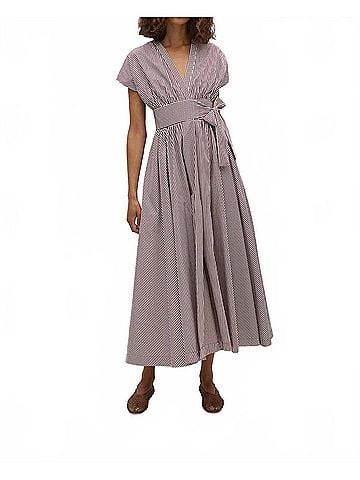 Faithfull the Brand Lova Belted V-Neck Midi Dress in Maia Stripe Burgandy (view 2)