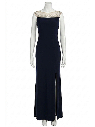 Joseph Ribkoff Embellished Mesh Yoke Maxi Evening Dress in Midnight Blue (view 1)