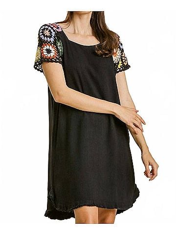 Umgee Crochet Sleeve Dress in Black (view 2)