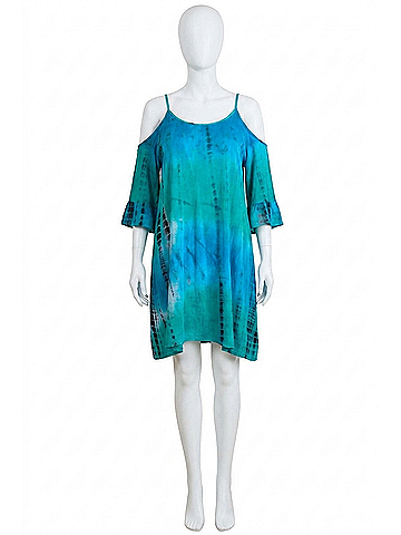 Umgee Tie Dye Cold Shoulder Short Dress - Plus in Emerald (view 1)