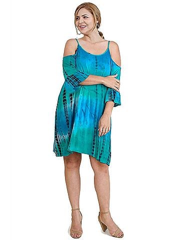 Umgee Tie Dye Cold Shoulder Short Dress - Plus in Emerald (view 2)