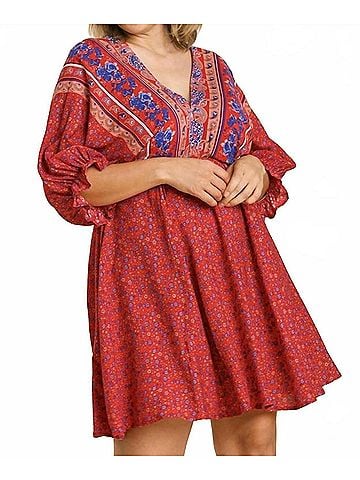 Umgee Mixed Print Bohemian Dress - Plus in Red (view 2)