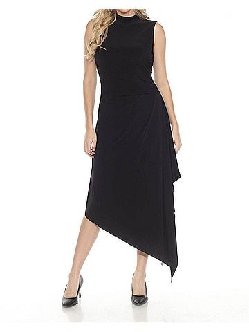 Joseph Ribkoff Women's Turtleneck Ruched Asymmetric Midi Dress in Black (view 2)