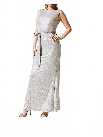 Joseph Ribkoff Women's Sequined Formal Evening Long Dress in Matte Silver (view 2)