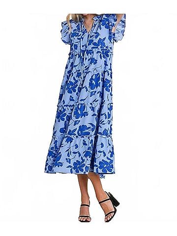 Umgee Floral Print Tiered Midi Dress in Periwinkle (view 2)