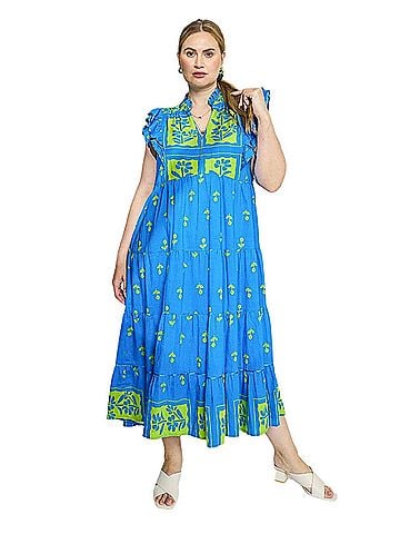 Umgee Floral Tiered Ruffle Midi Dress in Blue (view 2)