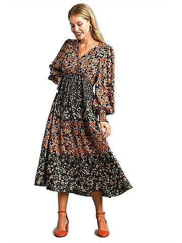 Umgee Mixed Floral Print Midi Dress in Black Mix (view 2)