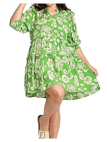 Umgee Two Tone Tiered Floral Dress in Green (view 2)