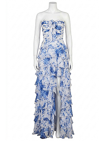 Sherri Hill Chiffon Strapless Ruffle Gown With Slit in Floral (view 1)