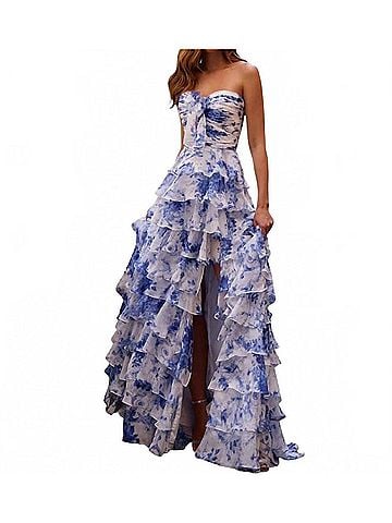 Sherri Hill Chiffon Strapless Ruffle Gown With Slit in Floral (view 2)