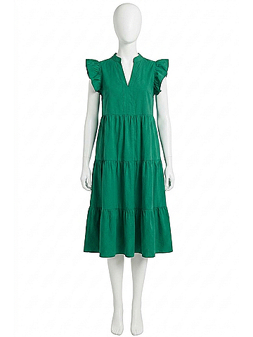 Entro Ruffled Pocket Tiered Midi Dress in Green (view 1)