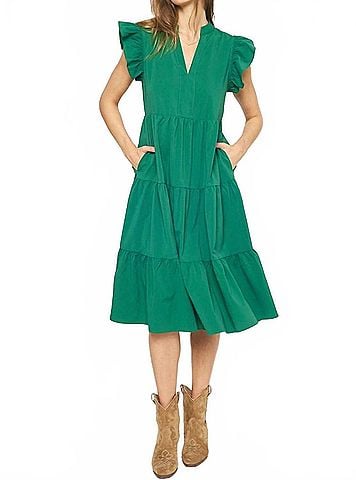 Entro Ruffled Pocket Tiered Midi Dress in Green (view 2)