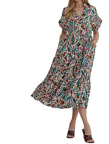 Entro Satin V-Neck Collared Midi Dress in Ivory (view 2)