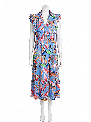 Umgee Leaf Print Tiered Midi Dress in Periwinkle Mix (view 1)