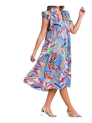Umgee Leaf Print Tiered Midi Dress in Periwinkle Mix (view 2)