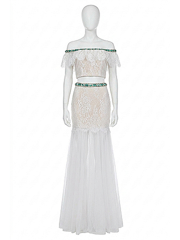 Angela & Alison Cropped Top Prom Dress in Emerald/Nude (view 1)