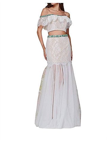 Angela & Alison Cropped Top Prom Dress in Emerald/Nude (view 2)