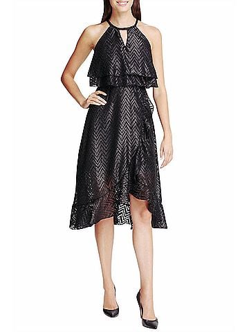 Kensie Chevron Clip Chiffon Sleeveless High Low Dress in Black (view 2)