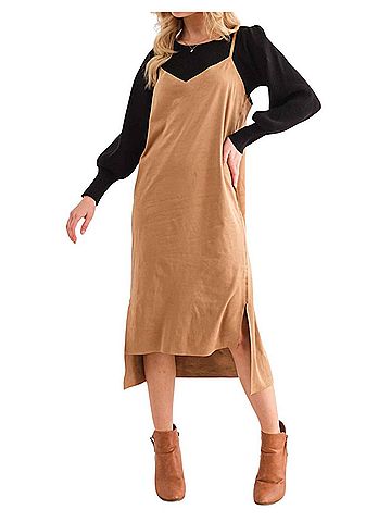 AndTheWhy Greatest Day Ever Faux Suede Dress in Brown (view 2)