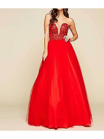 Mac Duggal Plunging V Neck Ball Gown in Red (view 2)